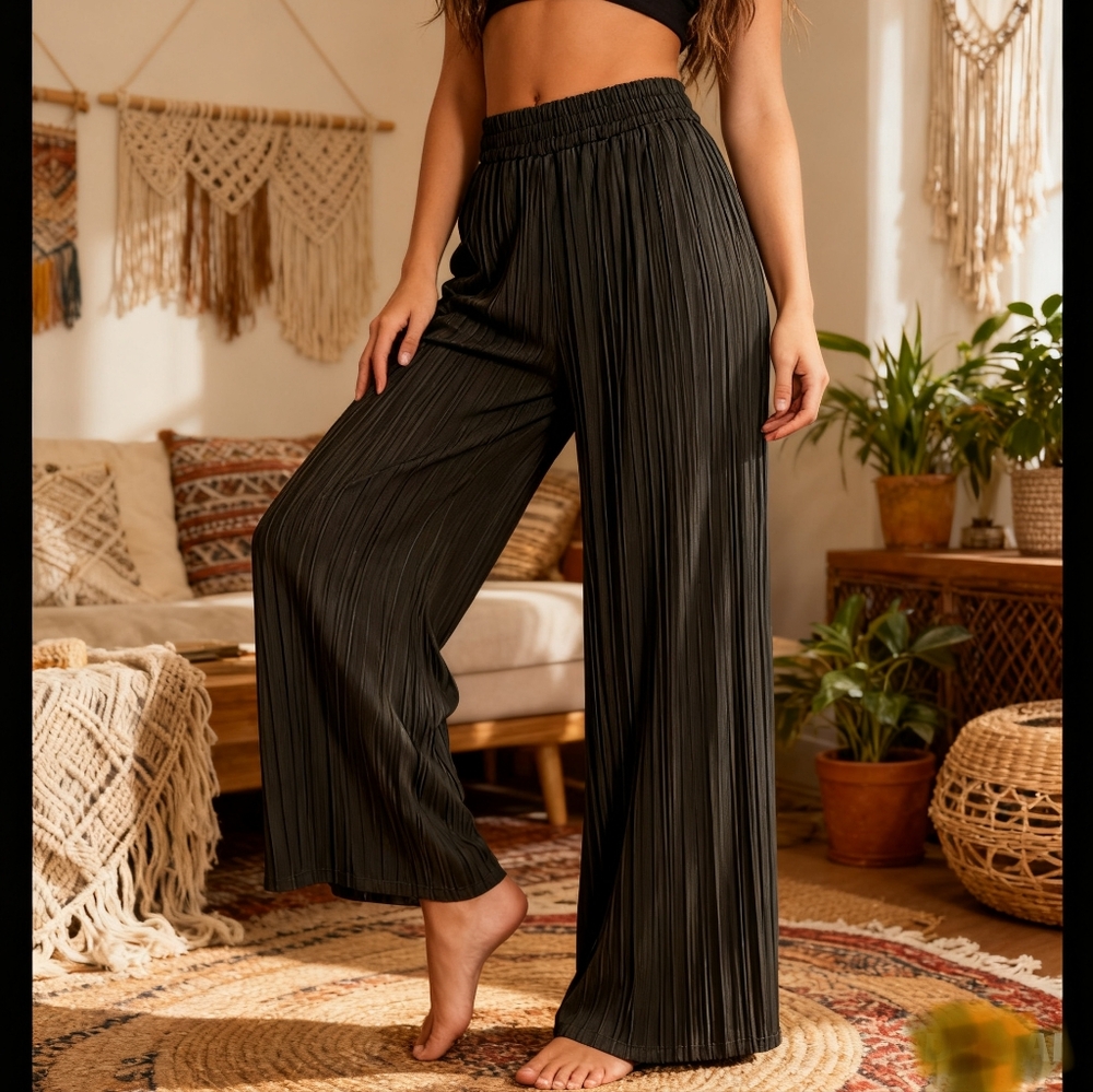 Cecil McBee Black Pleated Wide Leg Palazzo Pants Women’s M Elastic Waist Flowy